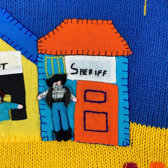 Vintage Andina Blue Yellow Western Town Teacher Sweater TINY FLAW - Picture 6 of 13